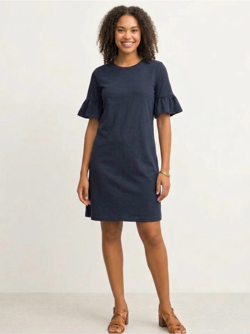 COS Ruffle Flare Sleeve Midi Knee Length Shift Dress, Navy‎ Blue, Size XS